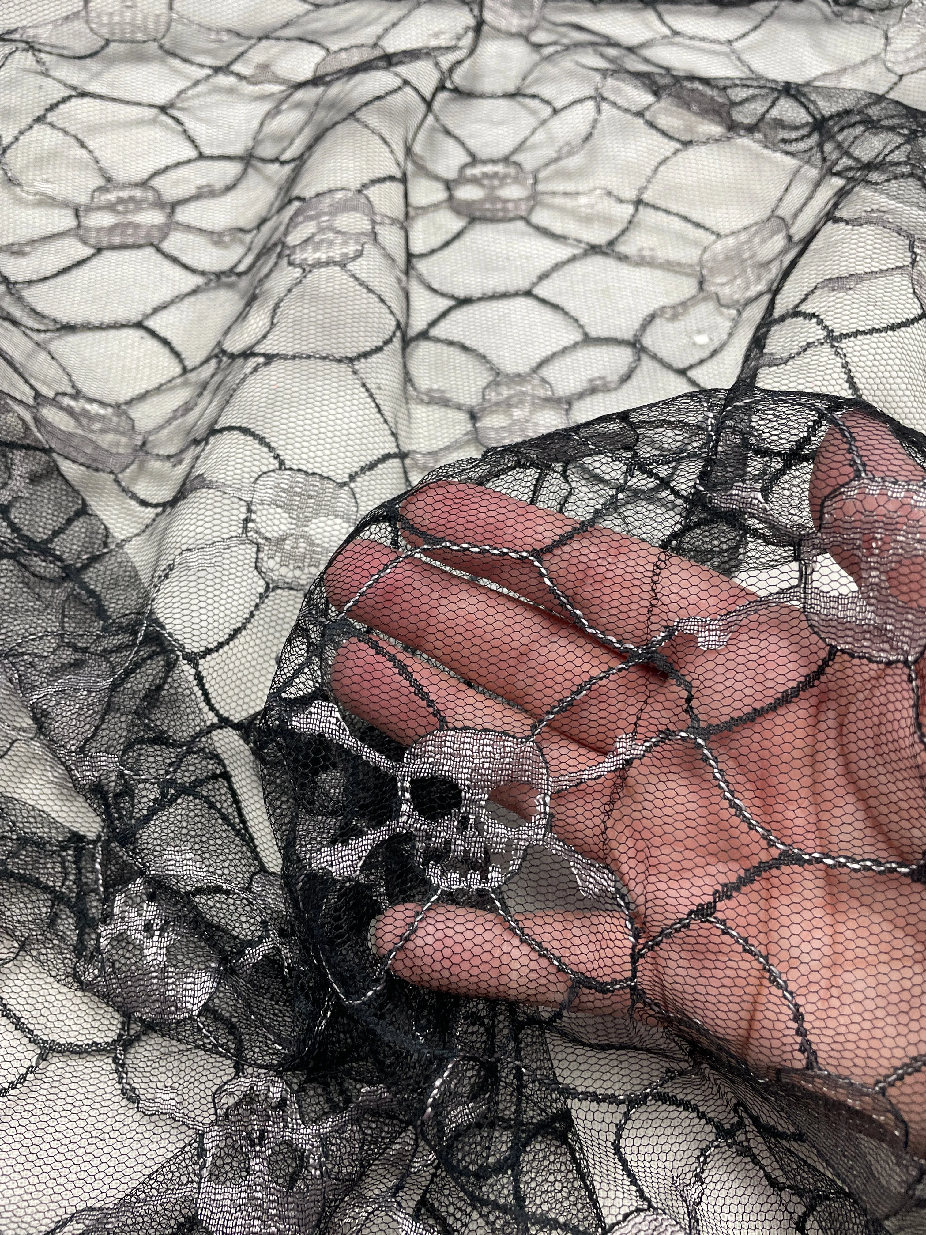 1 5/8 YD Nylon/Polyester Net Lace - Black with Gray Skull and Crossbones