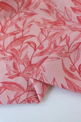 2YD 16IN REMNANT; Red Foliage Sketches on Pink Cotton Linen