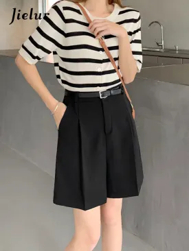 A-line Short Pants Women Summer Straight Suit Wide Leg Shorts Thin High Waist Casual Loose Black Khaki Shorts Female Work