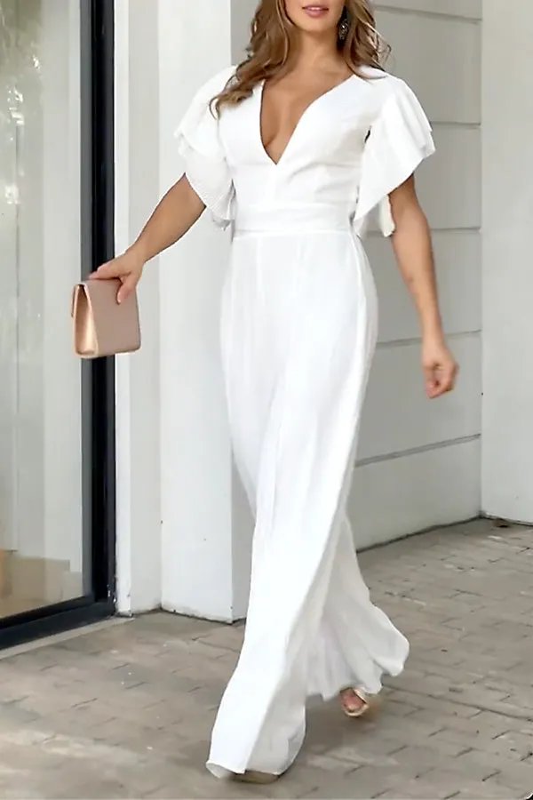 Anita Butterfly Sleeve Deep V Neck Wide Leg Pants Jumpsuit