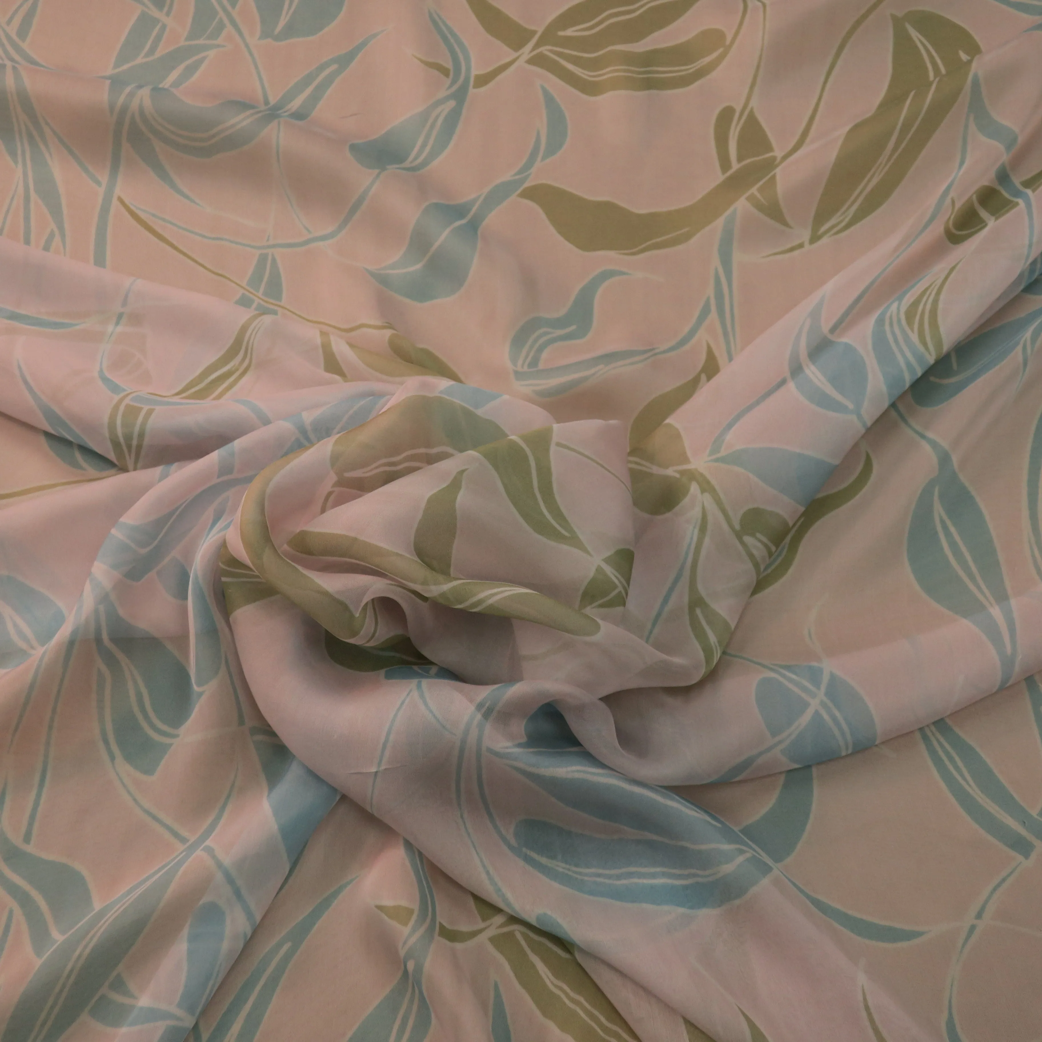 Aqua and Brown Floral with a Light Pink Background Printed Silk Chiffon Fabric