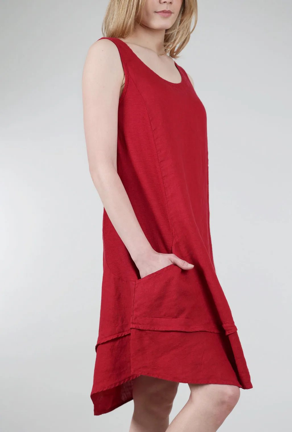 Asym Linen Combo Dress, Cardinal