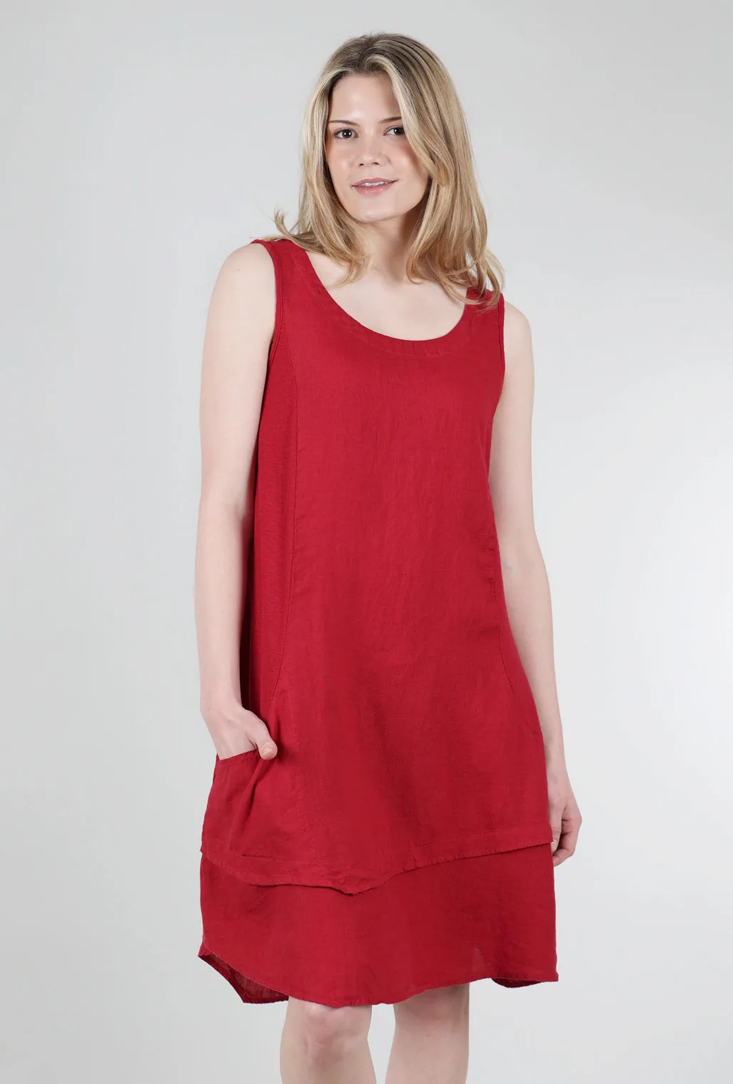 Asym Linen Combo Dress, Cardinal