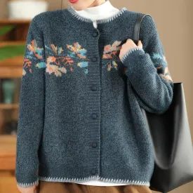 Babakud Women Autumn Retro Artistic Printed Flower Wool Sweater