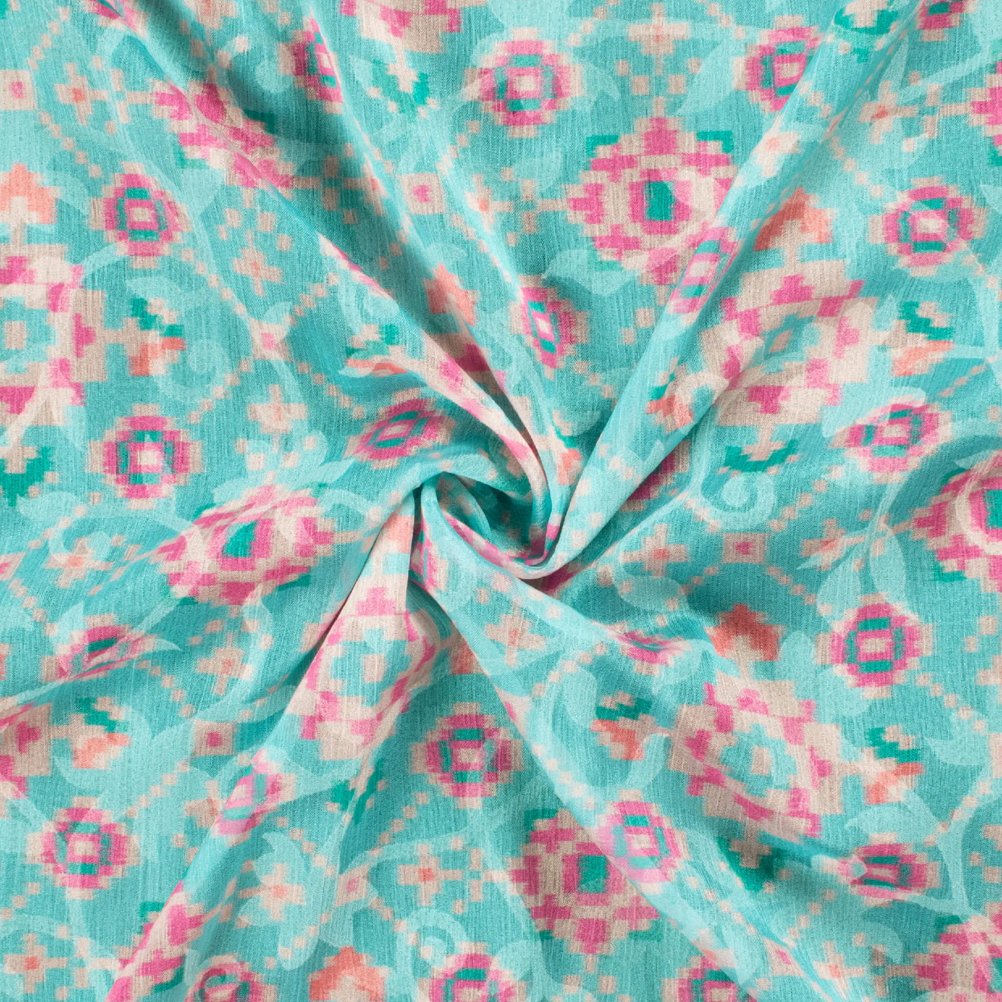 Baby Blue And Deep Pink Patola Pattern Digital Print Floral Brasso Fabric