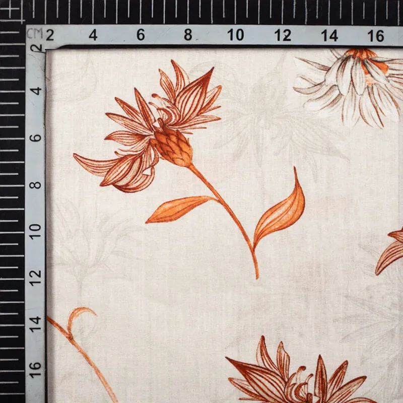 Beige And Orange Floral Pattern Digital Print Cotton Cambric Fabric