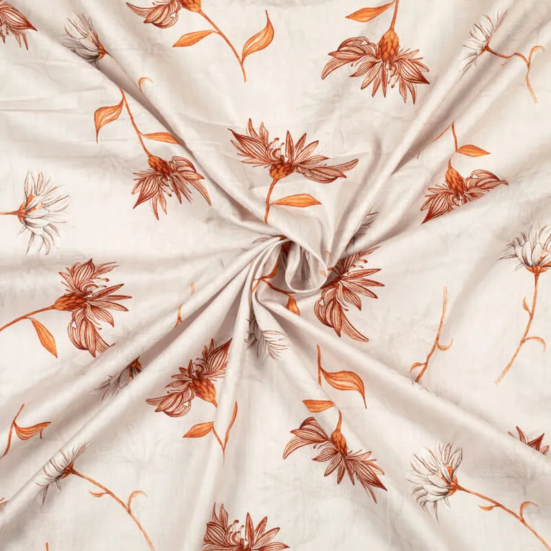 Beige And Orange Floral Pattern Digital Print Cotton Cambric Fabric