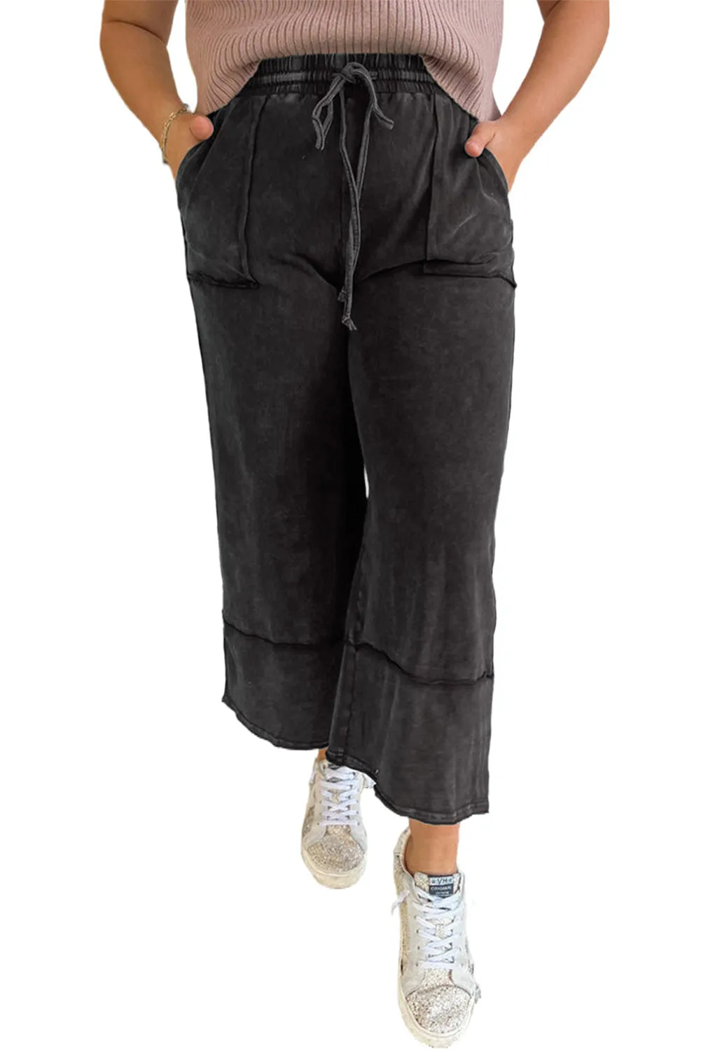 Black Plus Mineral Wash Exposed Seam Wide Leg Cropped Pants