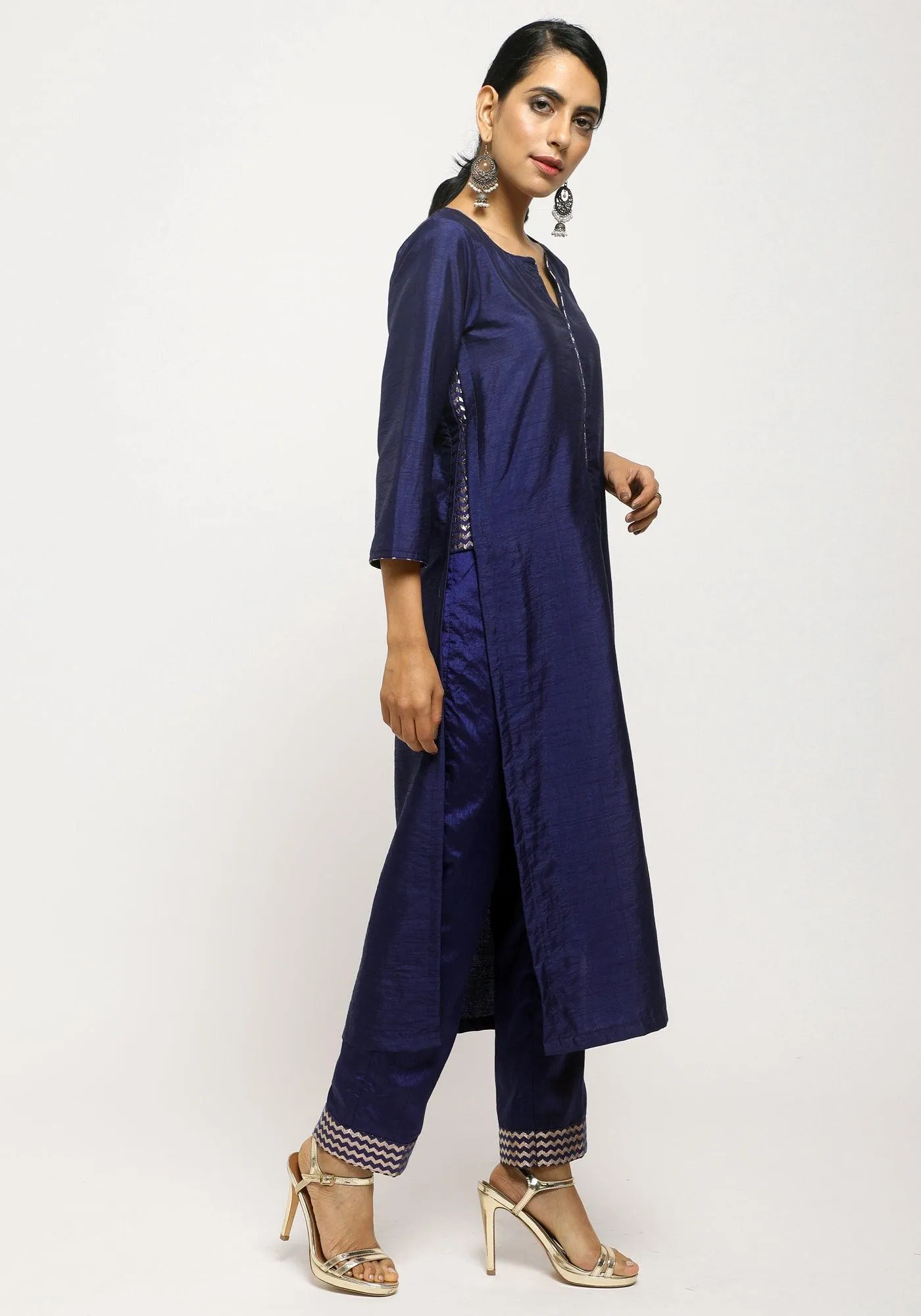 Blue Foil High Slit- Foil Pant