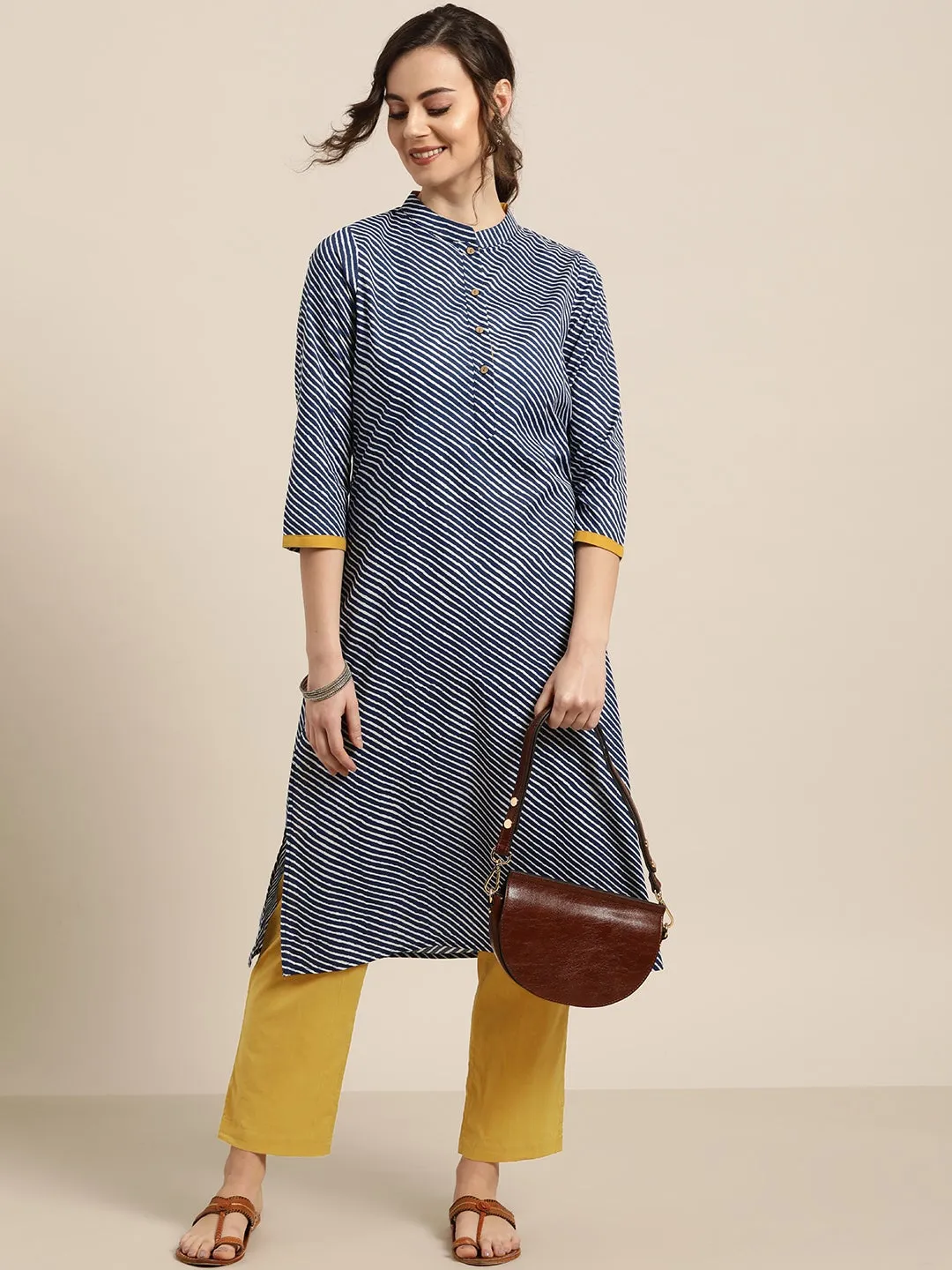 Blue Striped Kurta With Mustard Pants