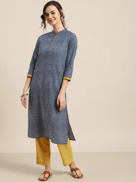 Blue Striped Kurta With Mustard Pants