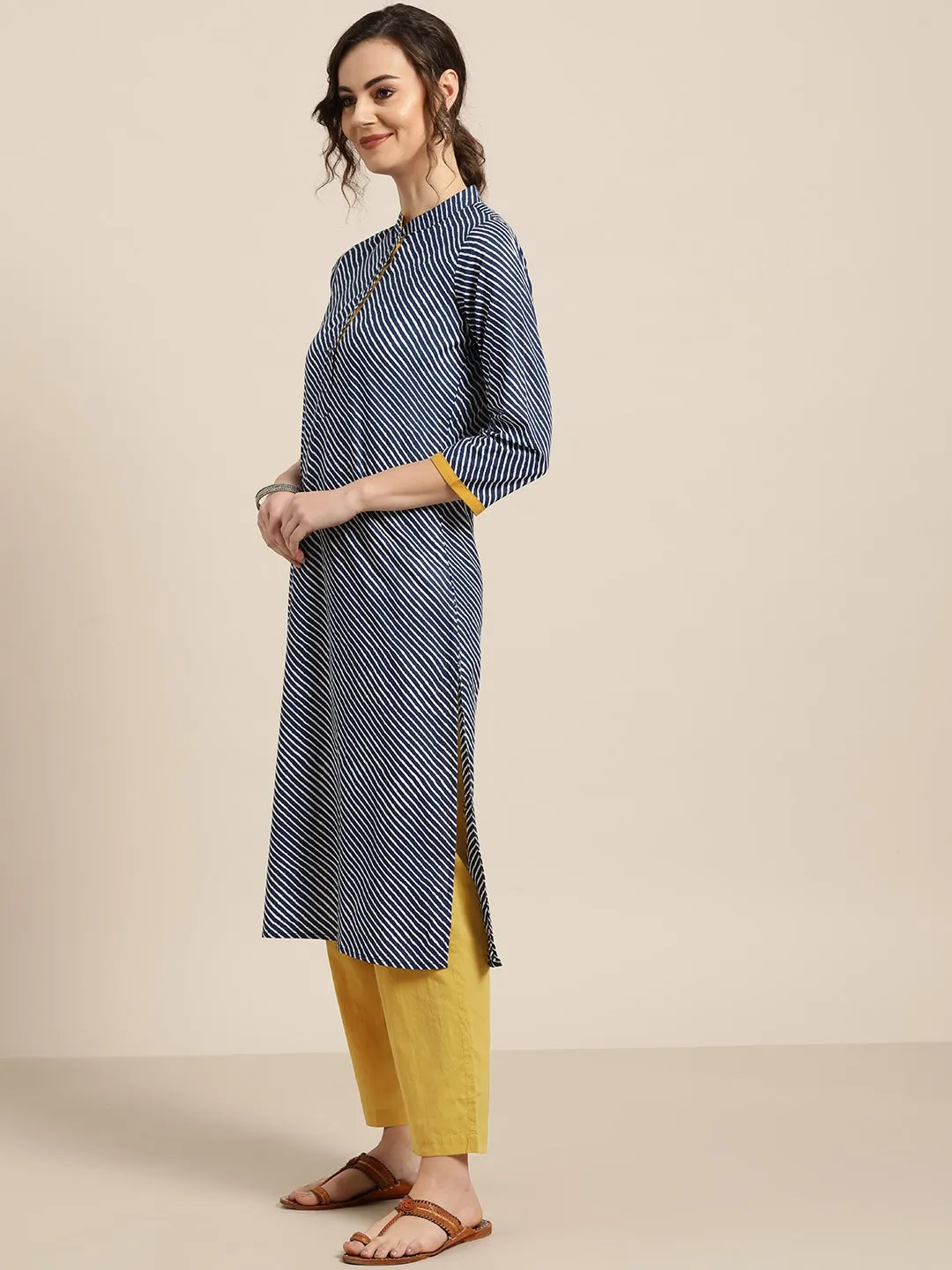 Blue Striped Kurta With Mustard Pants