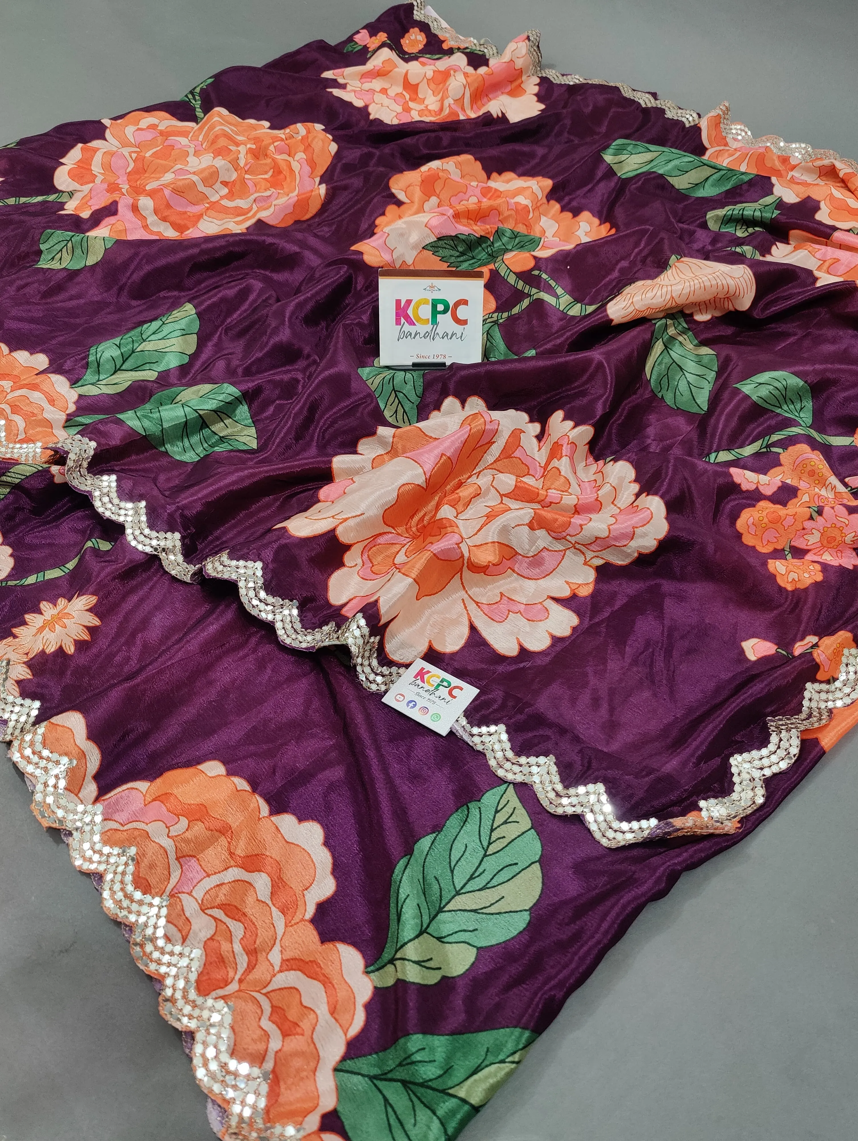 Bollywood style Chinon Crape Floral Print Gotapatti Cutwork Border Sarees with blouse amt Purple