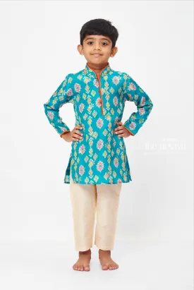 Boys Blue Ikat Printed Traditional Kurta with Pant Set Traditional and Festive Wear for Kids