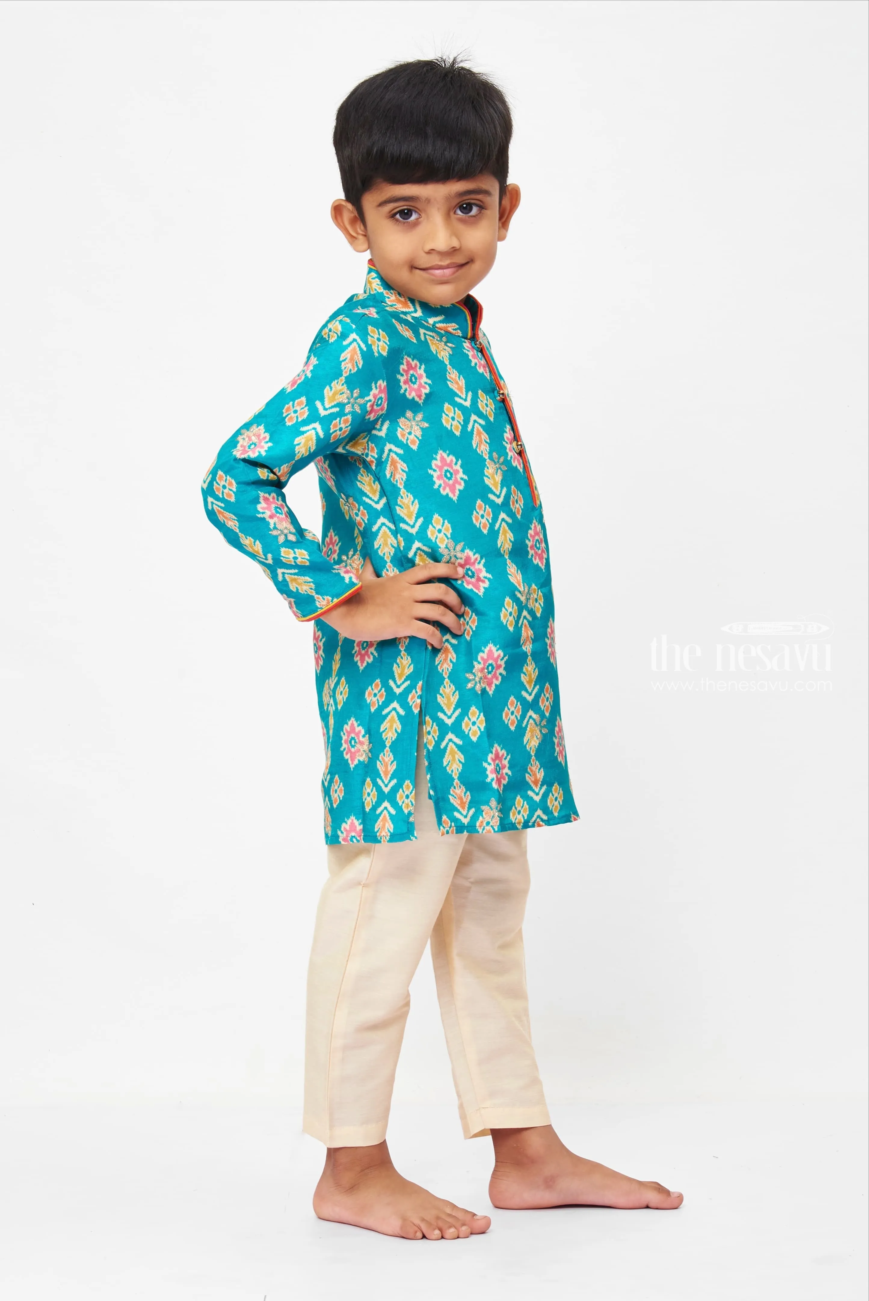 Boys Blue Ikat Printed Traditional Kurta with Pant Set Traditional and Festive Wear for Kids