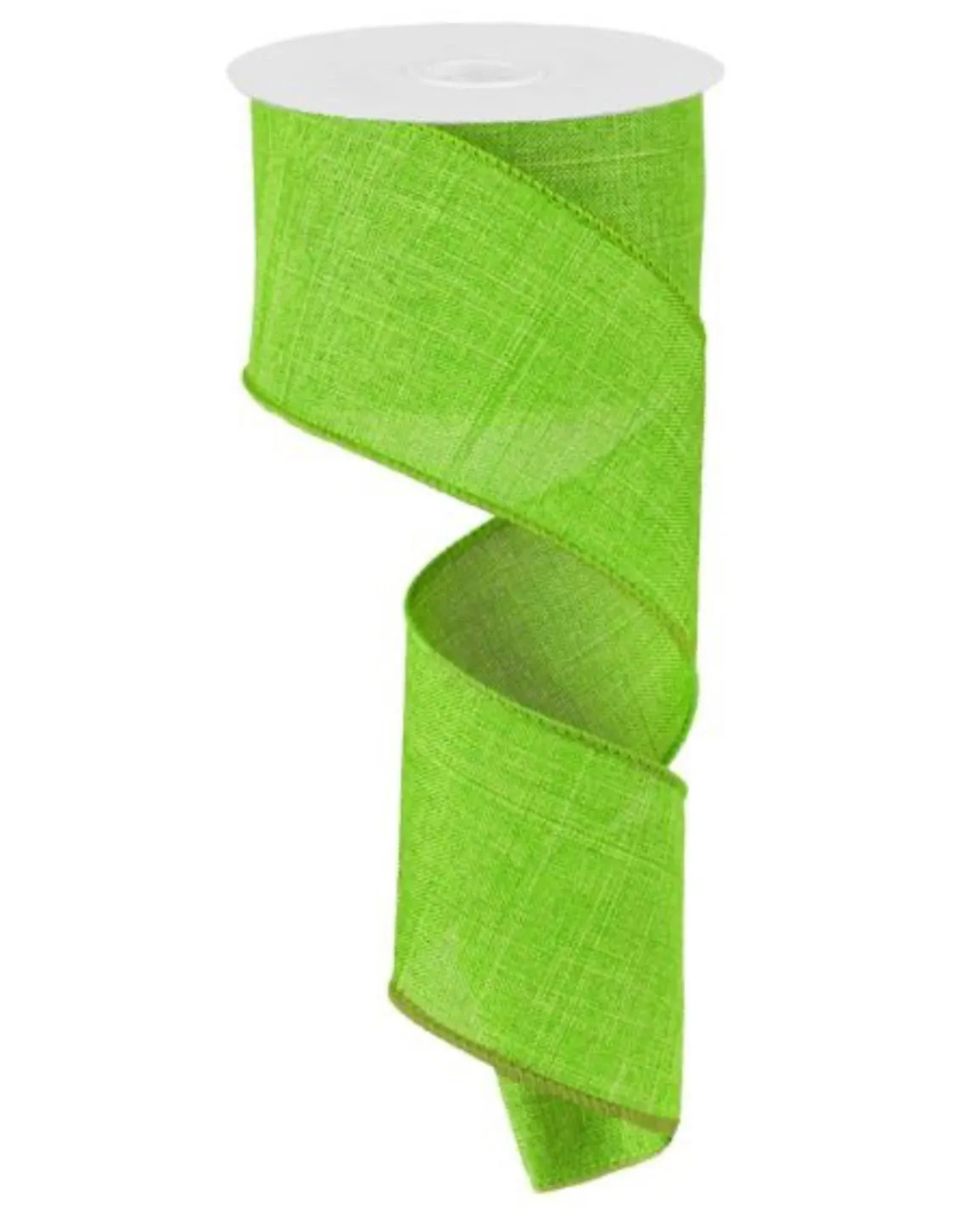 Bright green solid wired ribbon on linen fabric 2.5”