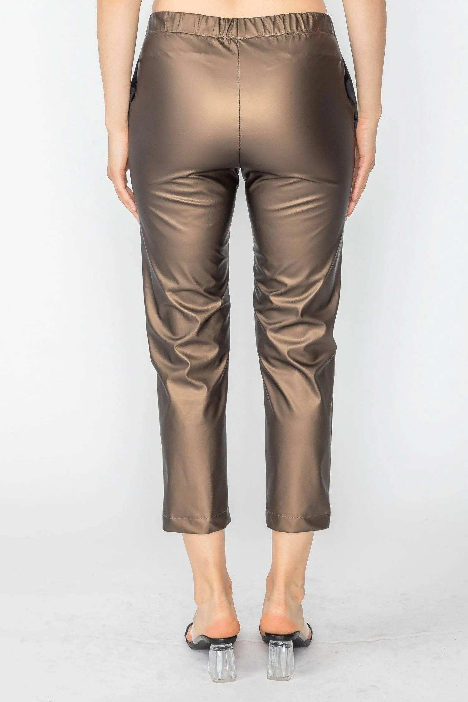 Brown Elastic Waist Slim-Fit Pants