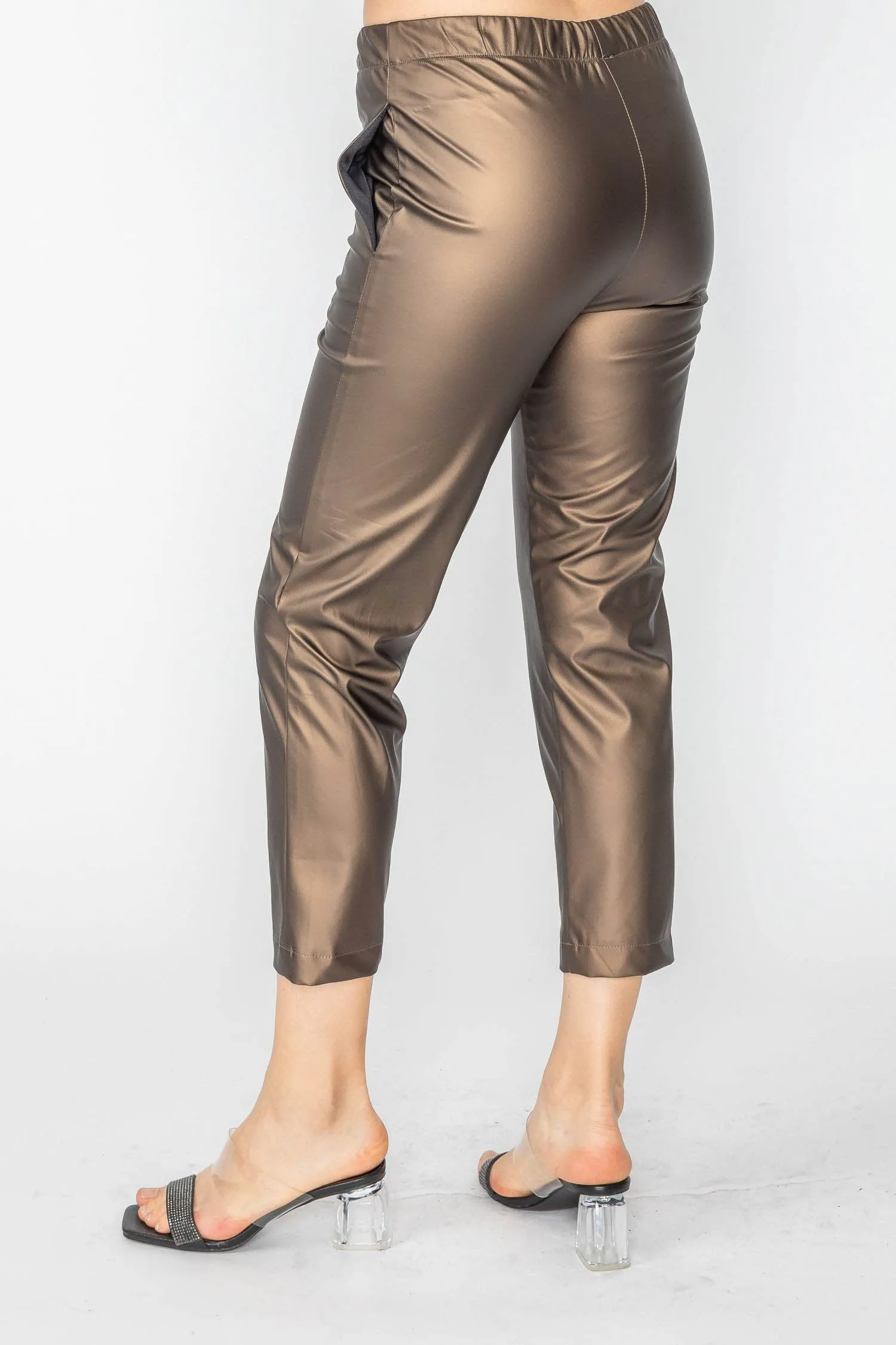 Brown Elastic Waist Slim-Fit Pants