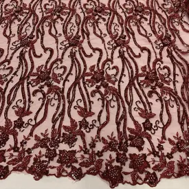 Burgundy Beaded Fabric Luxury Fabric Embroidery Fabric Fashion Fabric