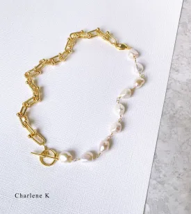 Charlene K Pearl Gemstone with U-Lock Chain Half And Half Gold Necklace