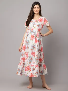 Cotton Floral Printed Maternity Dress With Feeding Zipper