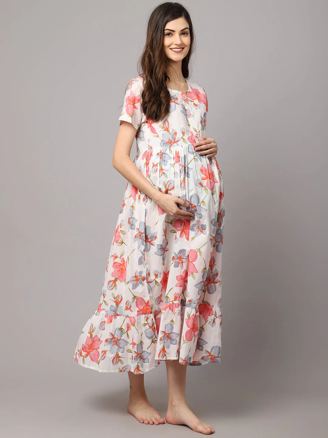 Cotton Floral Printed Maternity Dress With Feeding Zipper