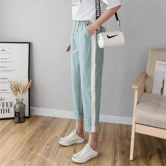 Cotton Linen Ankle Length Striped Pants