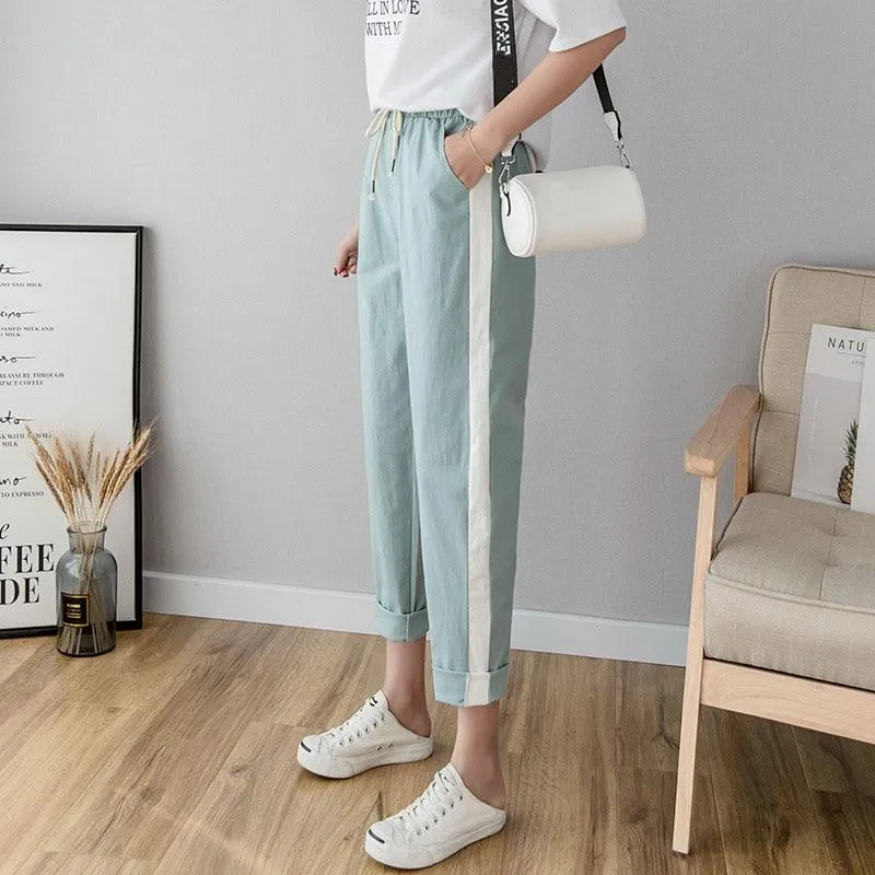 Cotton Linen Ankle Length Striped Pants