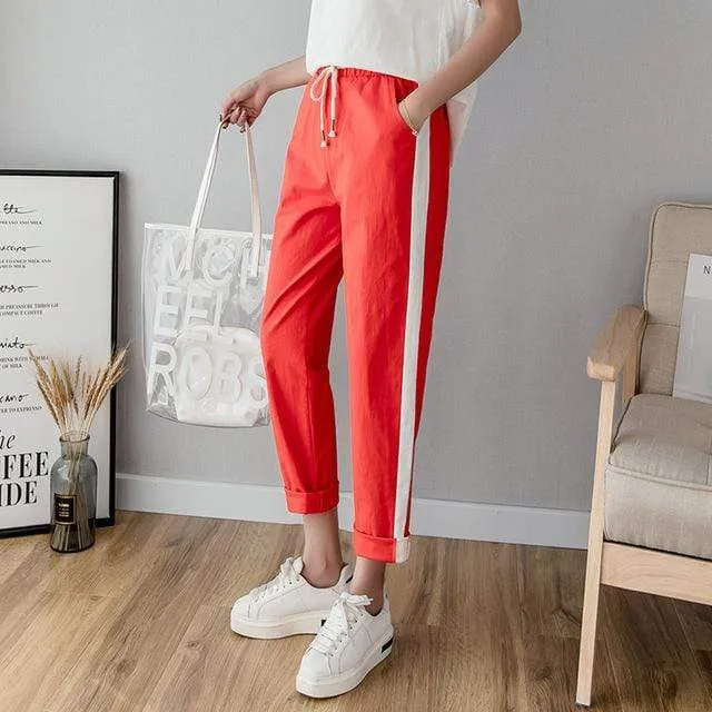 Cotton Linen Ankle Length Striped Pants