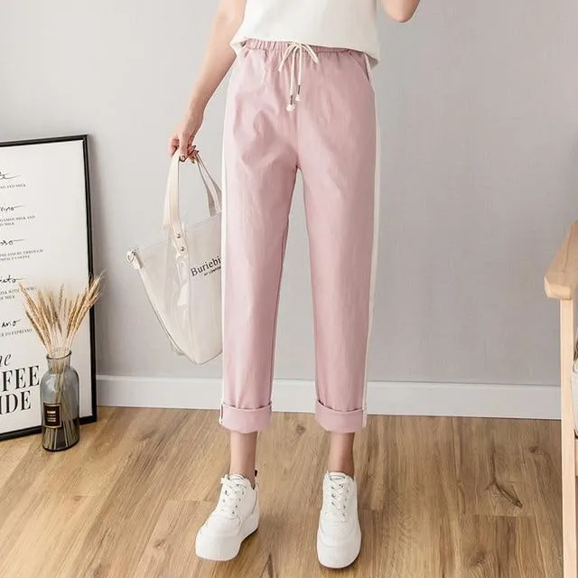 Cotton Linen Ankle Length Striped Pants