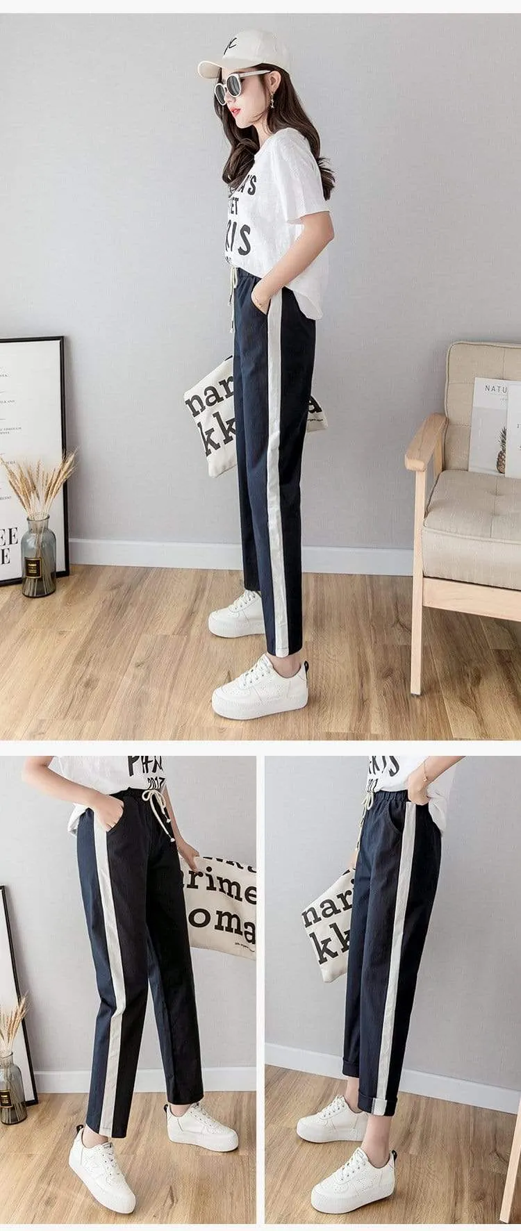 Cotton Linen Ankle Length Striped Pants