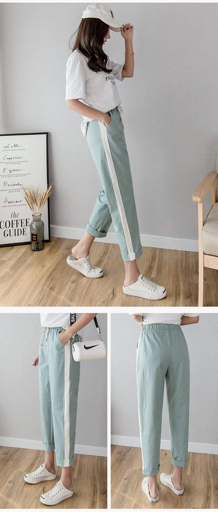 Cotton Linen Ankle Length Striped Pants