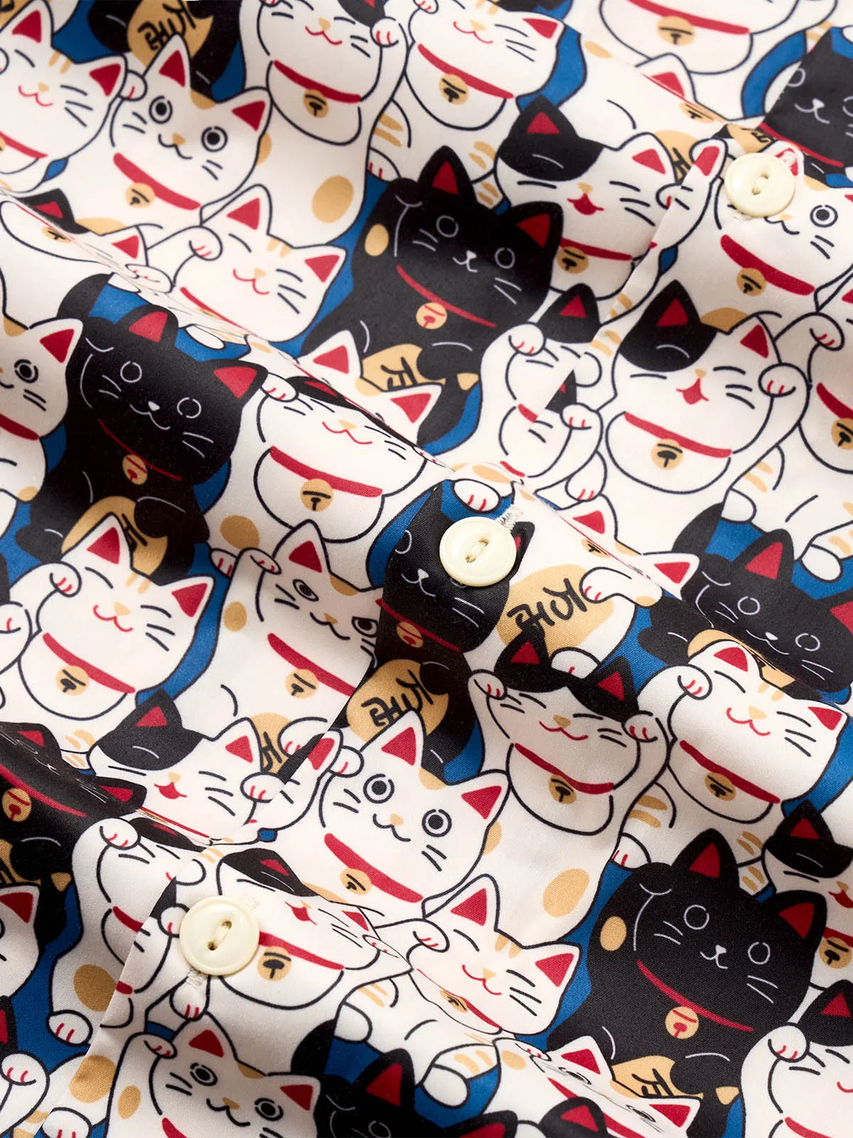 Edo Period Lucky Cat Cotton Camp Shirt