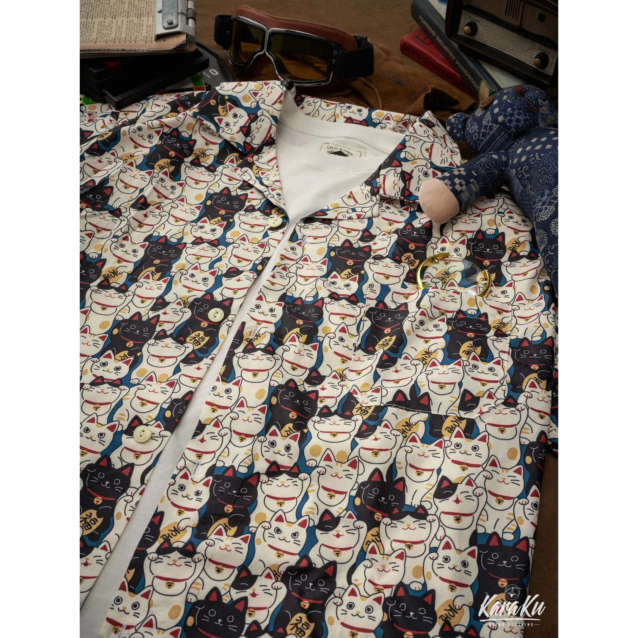 Edo Period Lucky Cat Cotton Camp Shirt