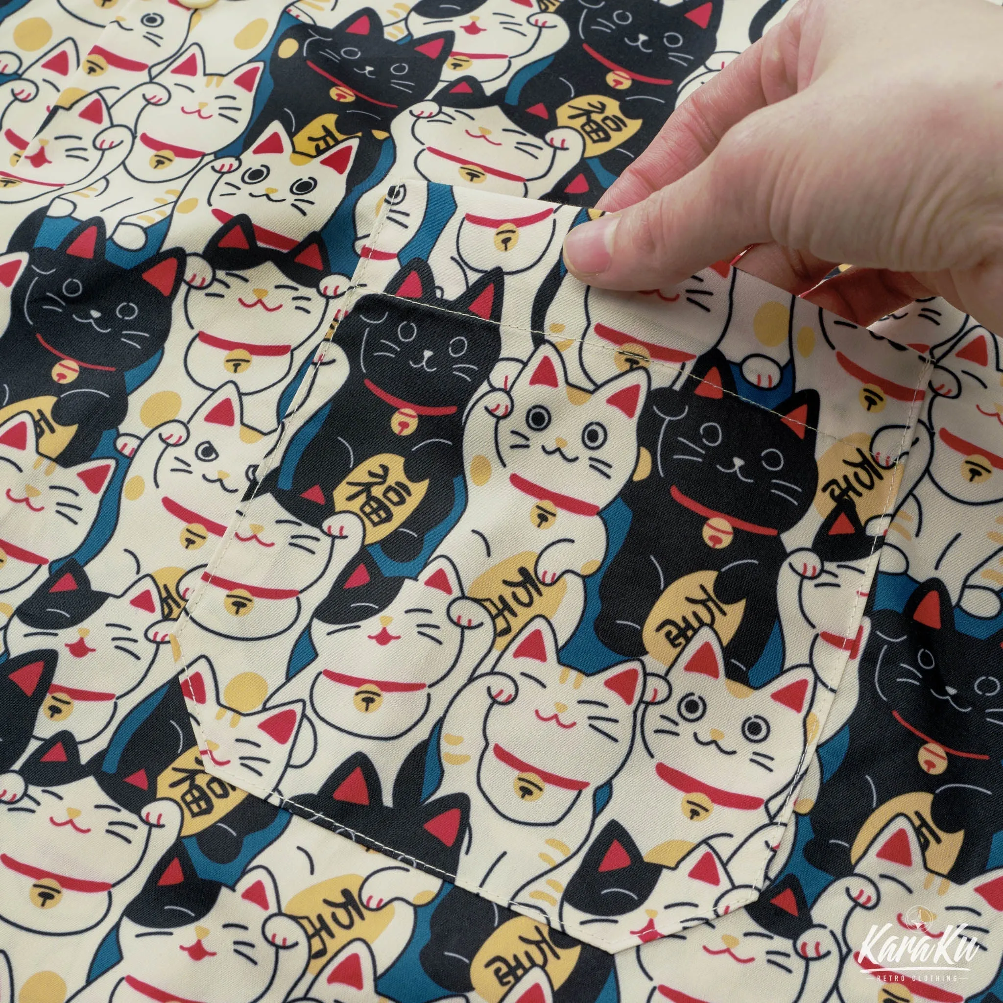 Edo Period Lucky Cat Cotton Camp Shirt