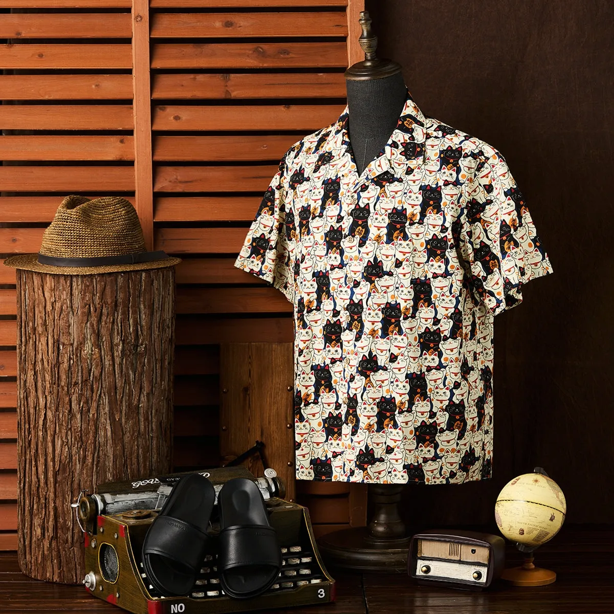 Edo Period Lucky Cat Cotton Camp Shirt