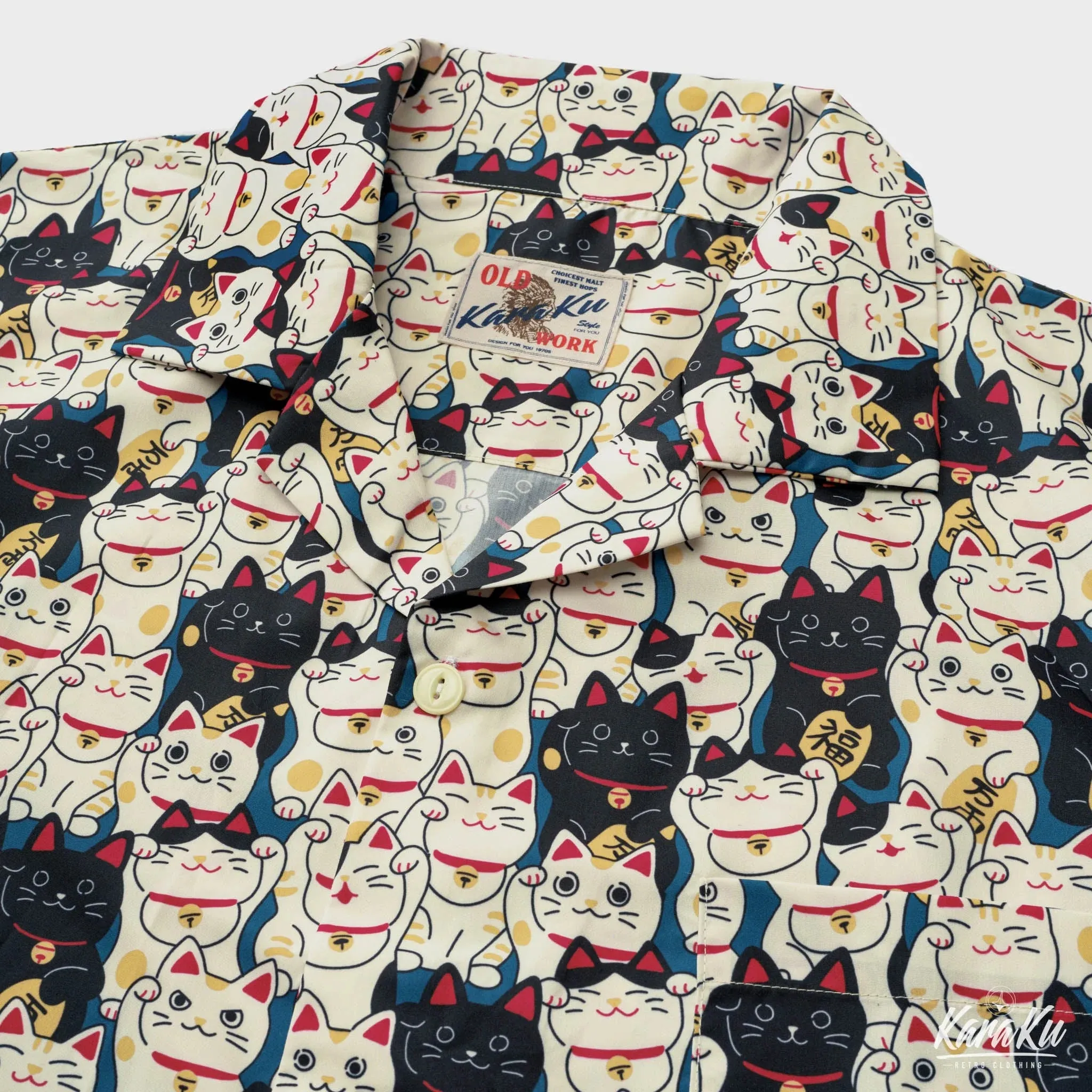 Edo Period Lucky Cat Cotton Camp Shirt