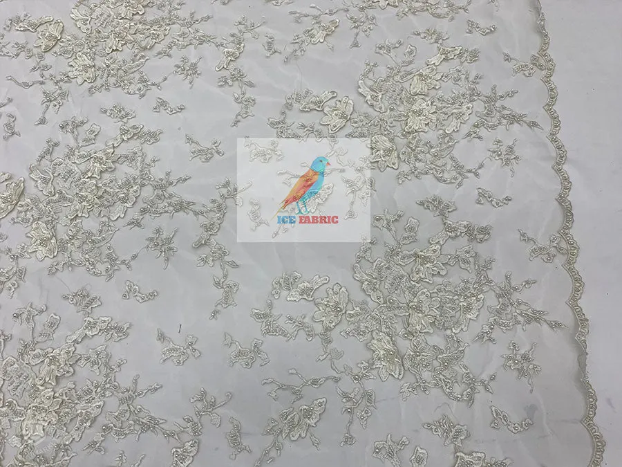 Embroidery Ivory Handmade Beaded lace / Bridal Fabric