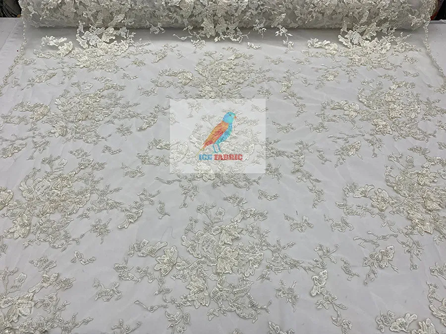 Embroidery Ivory Handmade Beaded lace / Bridal Fabric