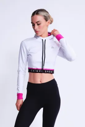 White and Fuchsia Fearless Cropped Hoodie: Optimal Title for E-commerce Product