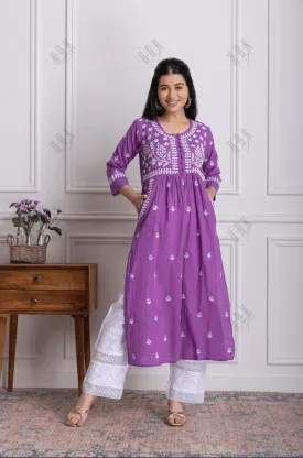 Fizaa Chikankari Kurti for Women With Pocket  - Purple