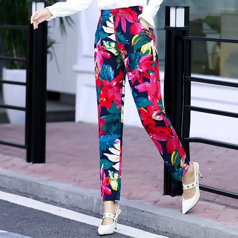 Floral Print Plaid Pants