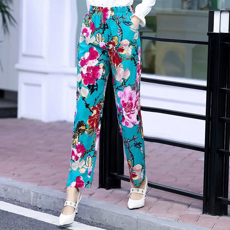 Floral Print Plaid Pants