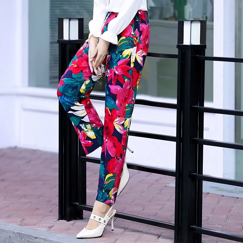 Floral Print Plaid Pants