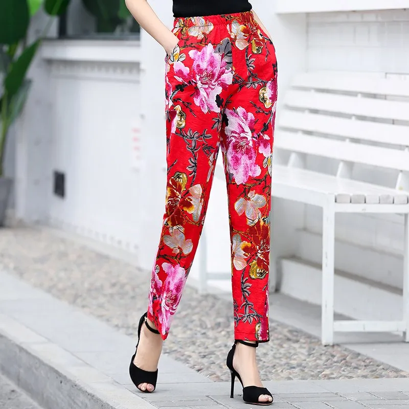 Floral Print Plaid Pants