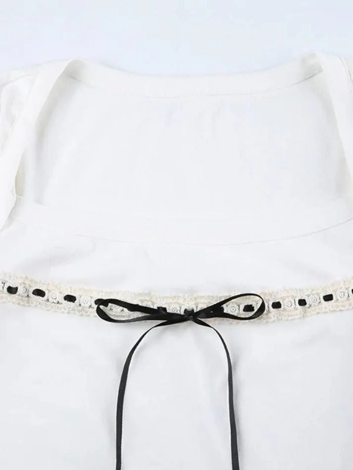 French Square Neck Contrast Color Lacing Long Sleeve Tee