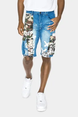 Graffiti Mixed Camo Cargo Denim Shorts