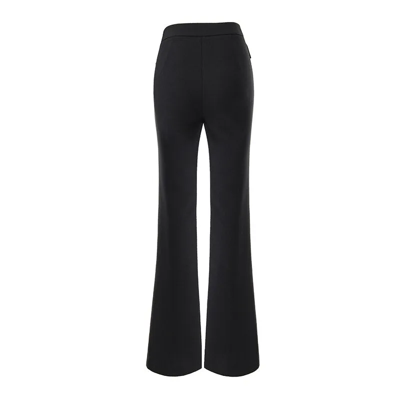 HarleyFashion Womnen Black Wide Leg Pants High Waist Chain Zipper Full Length Quality Trousers