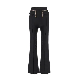 HarleyFashion Womnen Black Wide Leg Pants High Waist Chain Zipper Full Length Quality Trousers