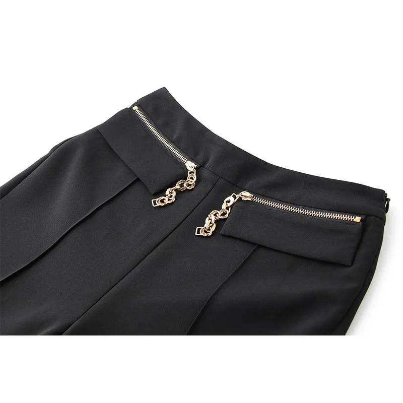 HarleyFashion Womnen Black Wide Leg Pants High Waist Chain Zipper Full Length Quality Trousers